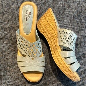 Spring Step 41/size 9 1/2- 10 Dusty Blue Leather Wedge Sandal Cork-like 3" Heel